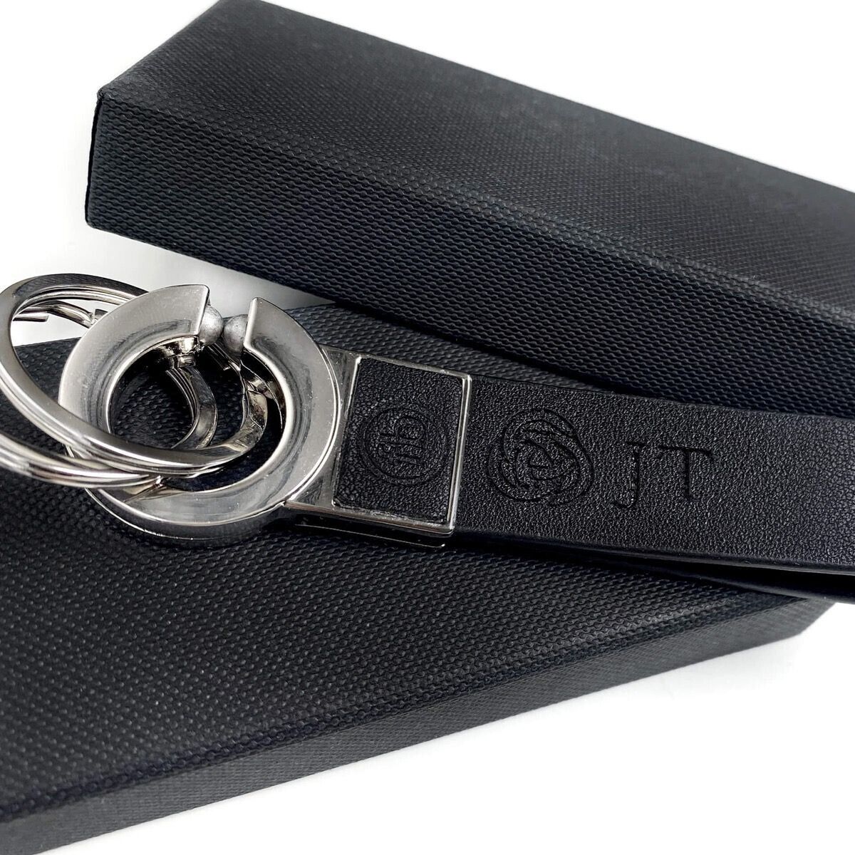 Fred Bennett Double Ring Black Leather Key Chain Keyring Free Engraving Y2623