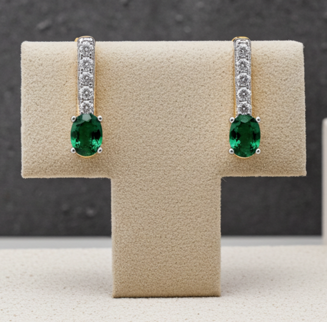 18ct Gold Emerald Drop Stud Earrings on Solid Sterling Silver 925 Hallmark