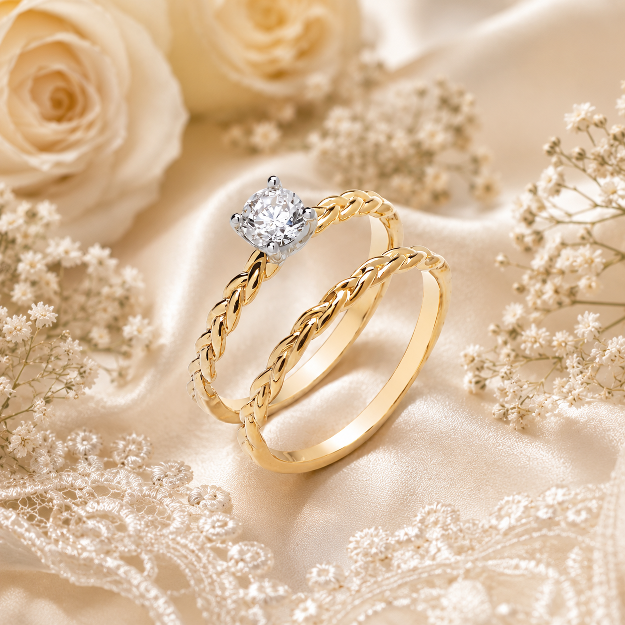 Elegant Twist Solitaire Bridal Set 18ct Yellow Gold on Solid Sterling Silver