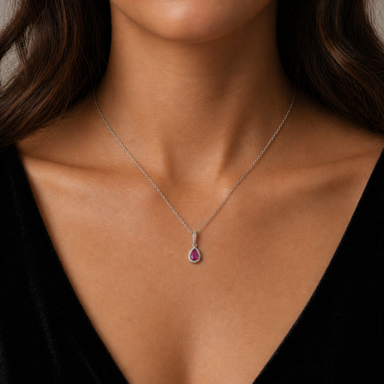 Ruby Pear Halo Pendant Real Diamond Solid White Gold 18" 46cm Length Chain