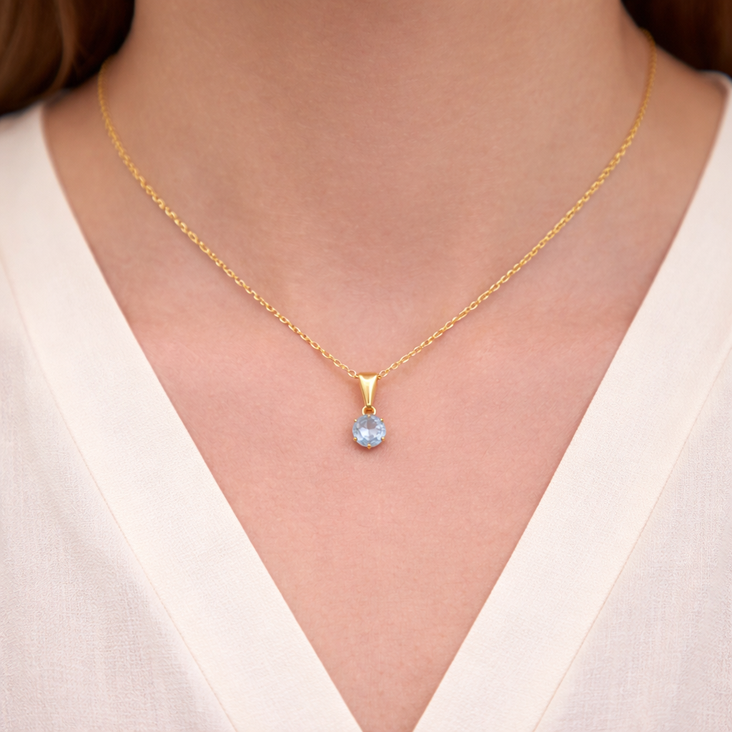 Natural Blue Topaz Solitaire Pendant Solid Yellow Gold 18" 46cm Length Chain
