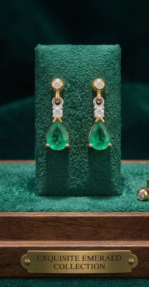 Real Yellow Gold Emerald & Diamond Drop Earrings Pear Cut Gemstone Dangle Studs