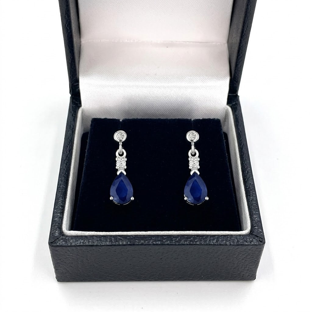 Real White Gold Sapphire & Diamond Drop Earrings Pear Cut Gemstone Dangle Studs