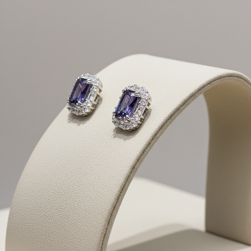 Tanzanite Cluster Earrings Solid Sterling Silver 925 Hallmark Rhodium Finish