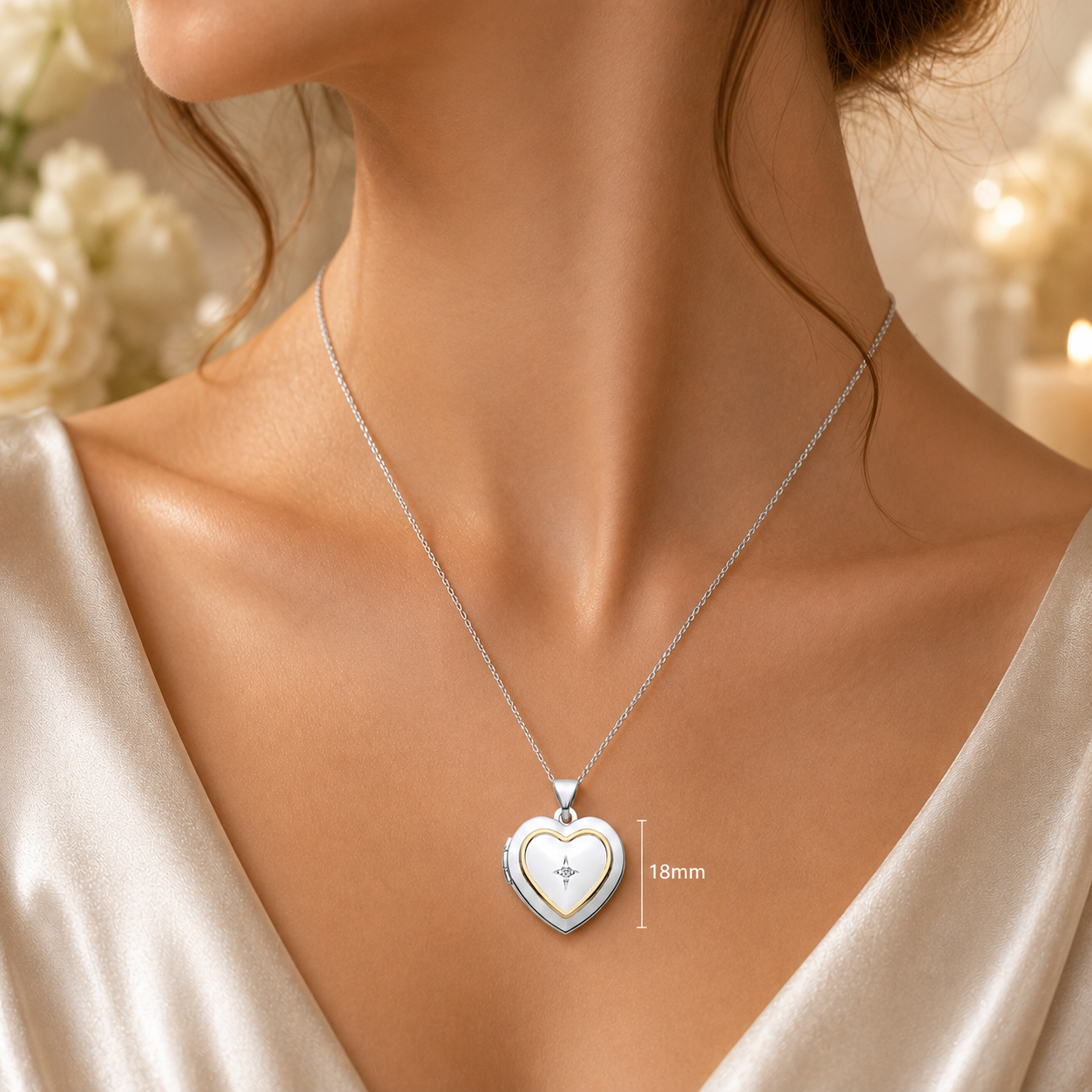 Heart-Shaped Two-Tone Locket Pendant Solid Sterling Silver 18" Chain