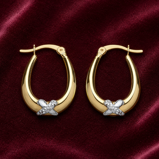 18ct Gold Oval Creole Hoop Earrings on Sterling Silver 925 Hallmark Two Tone