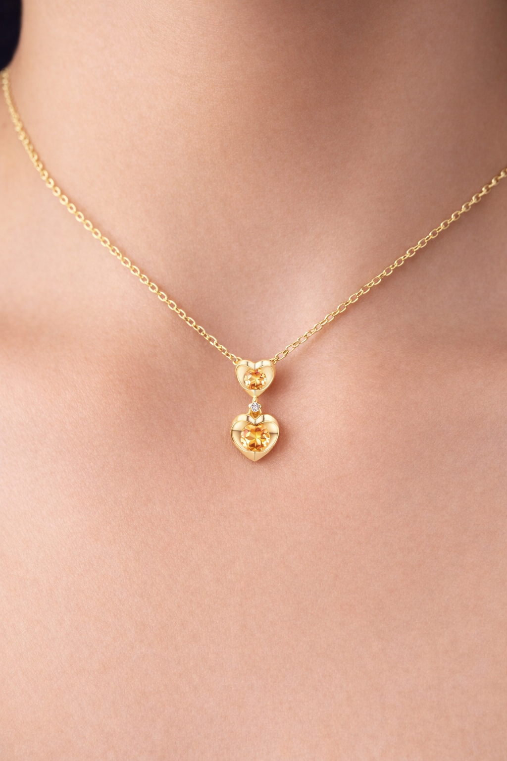 Citrine Heart Necklace With Diamond Solid Yellow Gold 18" 46cm Length Chain