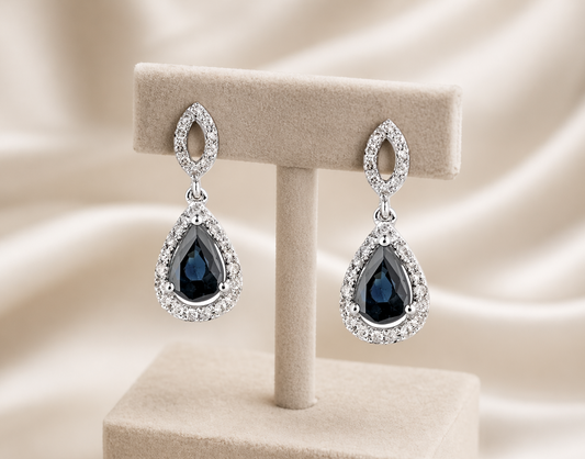 Natural Sapphire and Diamond Earrings Solid 18ct White Gold Pear Halo Hallmarked