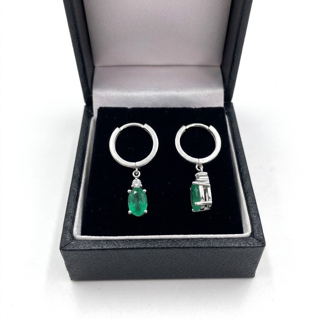 Natural Emerald Drop Earrings Diamond Accent Huggie Hoop 9ct White Gold
