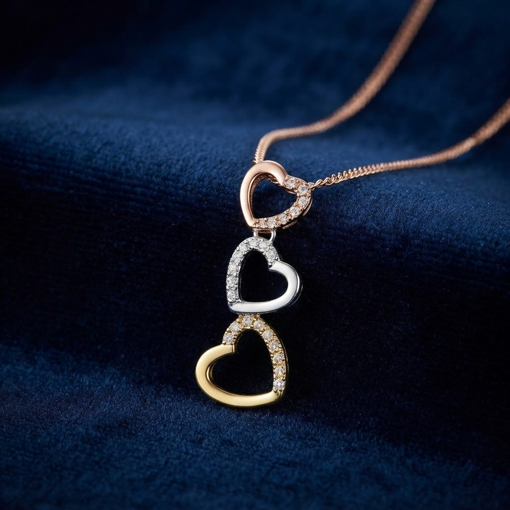 Multi-tone Triple Heart Pendant Real Diamond Rose, White, Yellow Gold 18" / 45cm