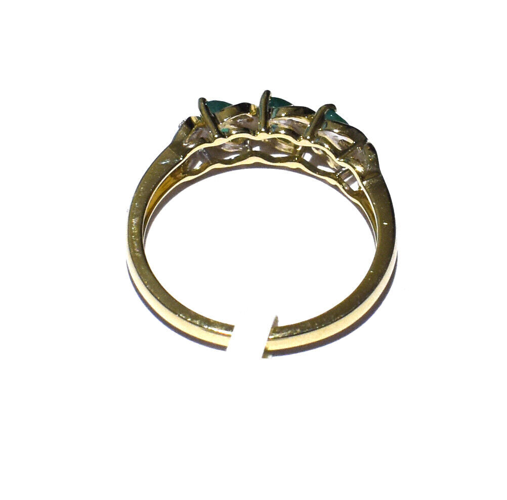 Real Emerald and Diamond Ring Solid Yellow Gold Three Stone Marquise Trilogy