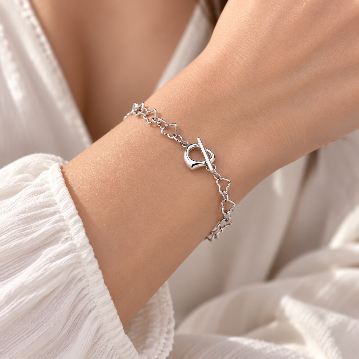 Sterling Silver Heart Link Chain Bracelet Toggle Clasp 925 Romantic Gift