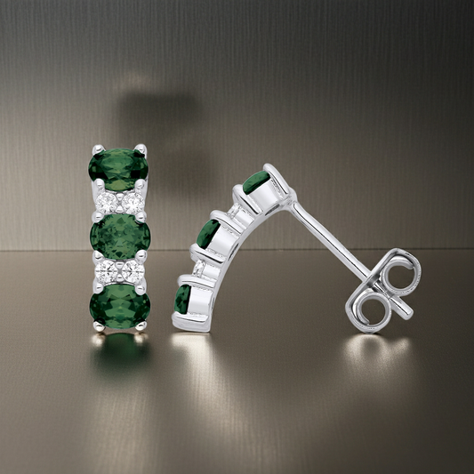 Emerald Drop Stud Earrings Solid Sterling Silver 925 Hallmark