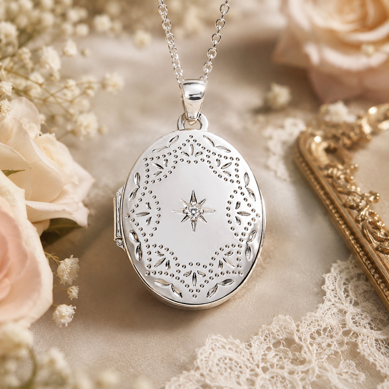 Oval Sterling Silver Locket Pendant Natural Diamond Starburst 18" Chain 925