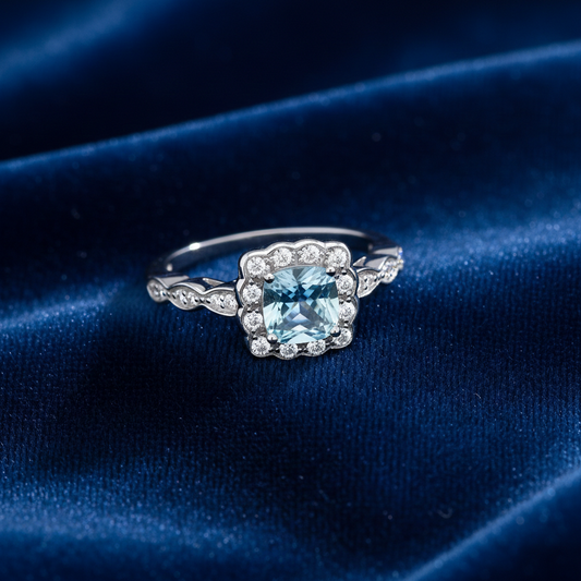 Aquamarine Cushion Ring Solid Sterling Silver 925 Square Cluster Size K - S