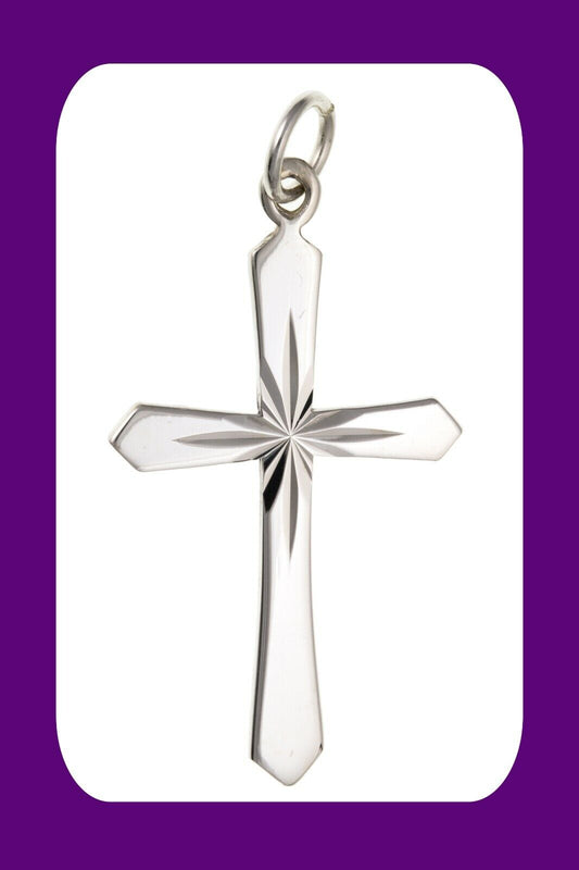 Sterling Silver Diamond Cut Sunray Cross Pendant 925 Hallmark 28 x 19mm