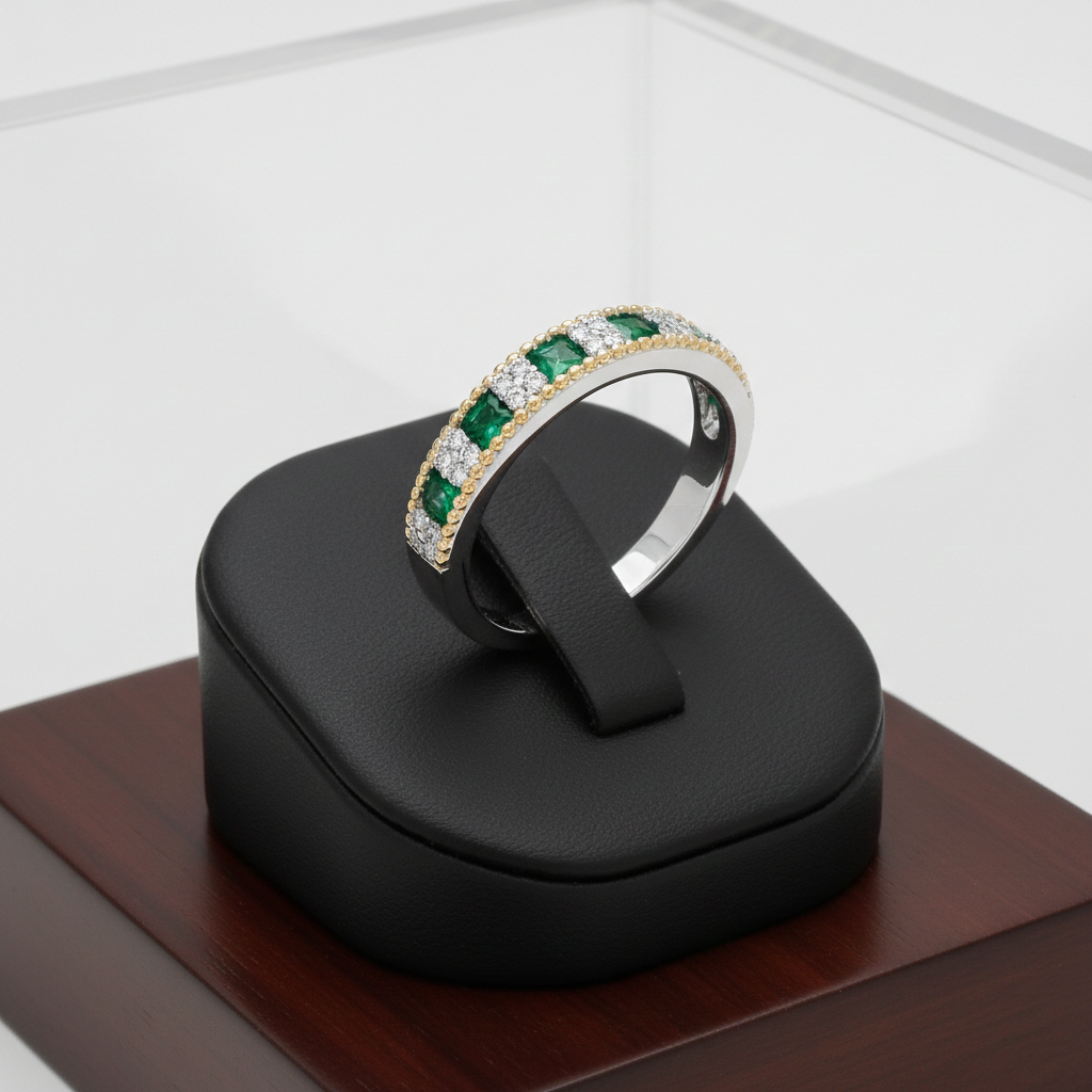 Sterling Silver Emerald Eternity Ring 18ct Gold Detail 925 Hallmark Size K - S