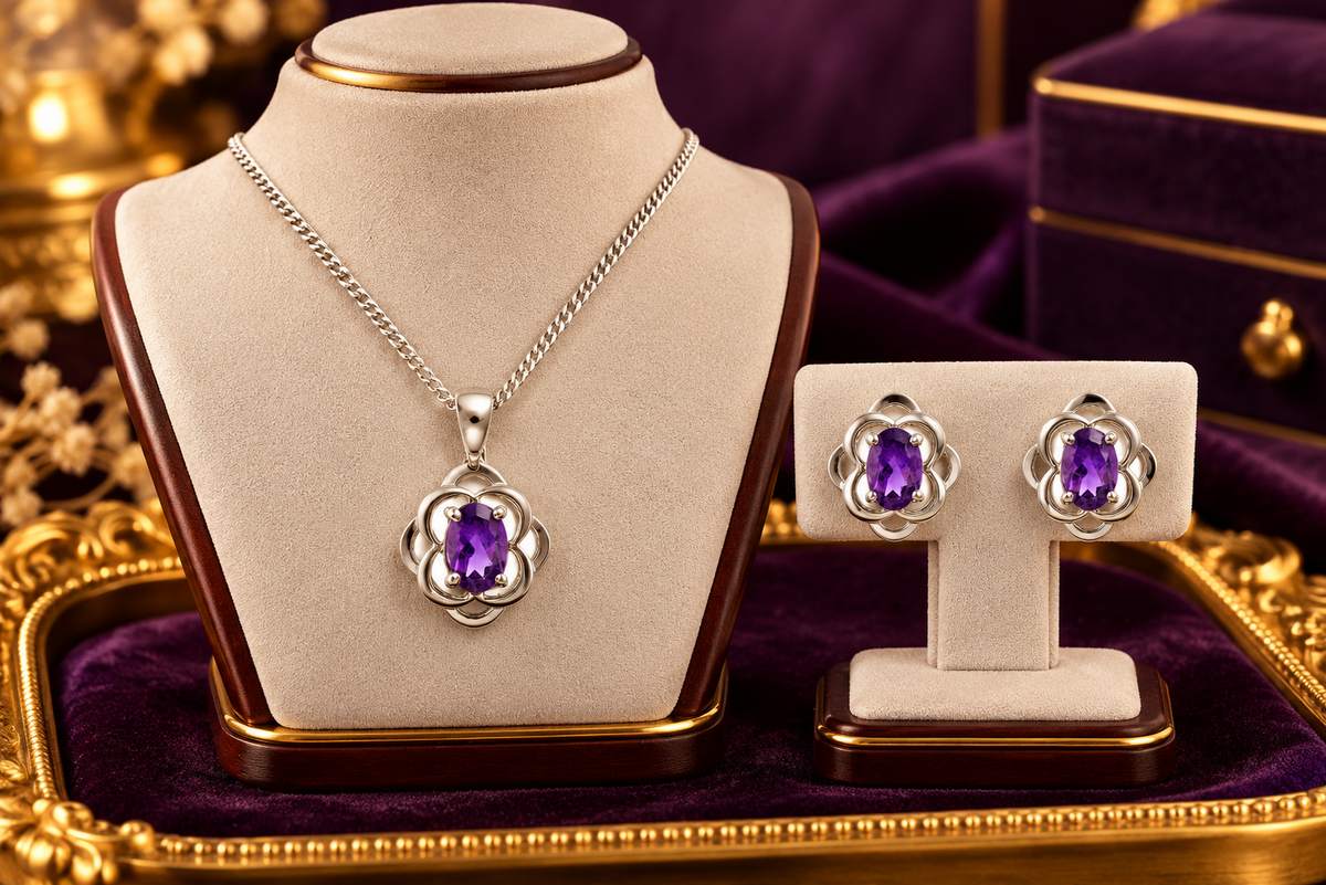 Real Amethyst Matching Set Sterling Silver 925 Celtic Design Pendant & Earrings