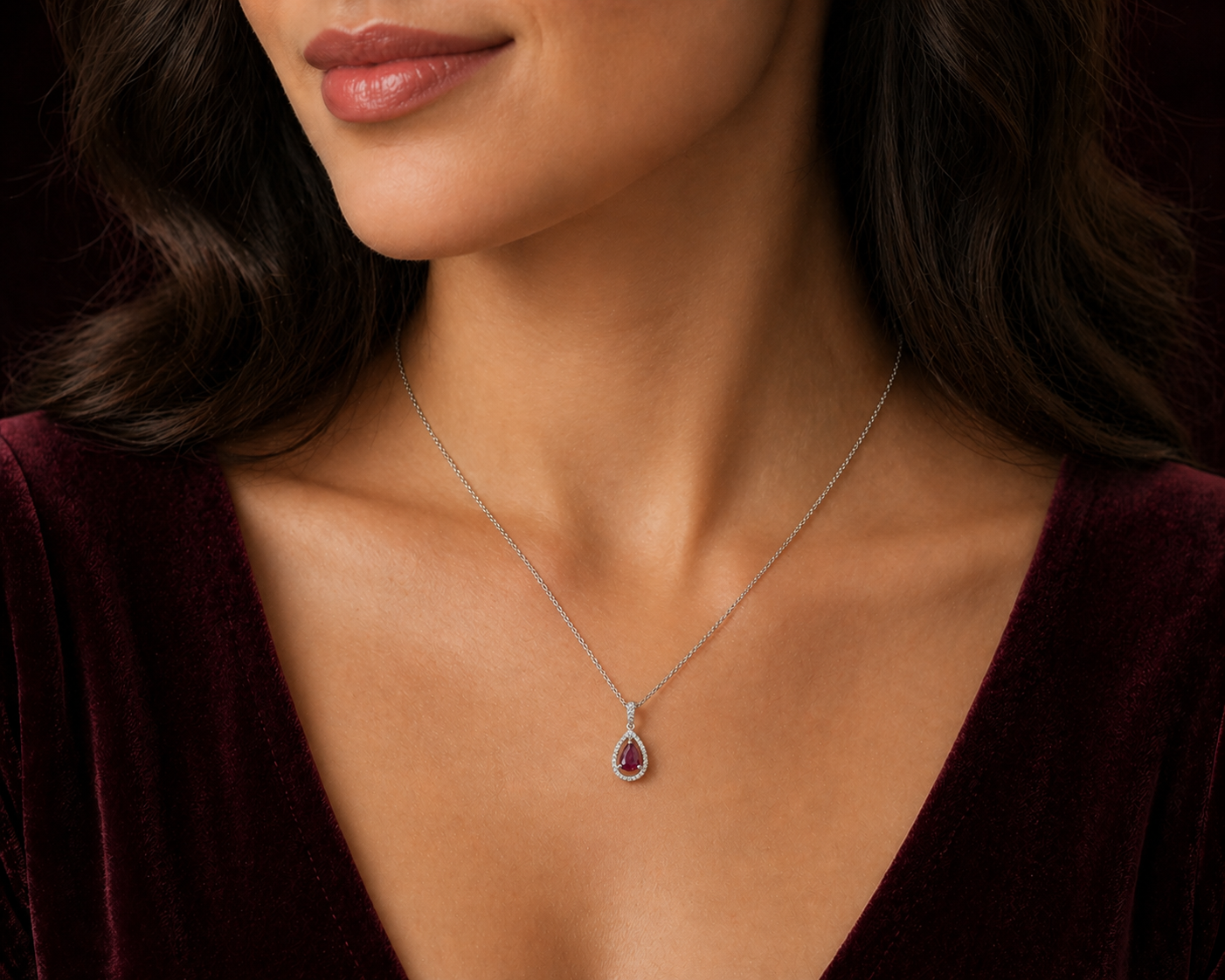 Ruby Teardrop Pendant Real Diamond Solid 18ct White Gold 16" 41cm Length Chain