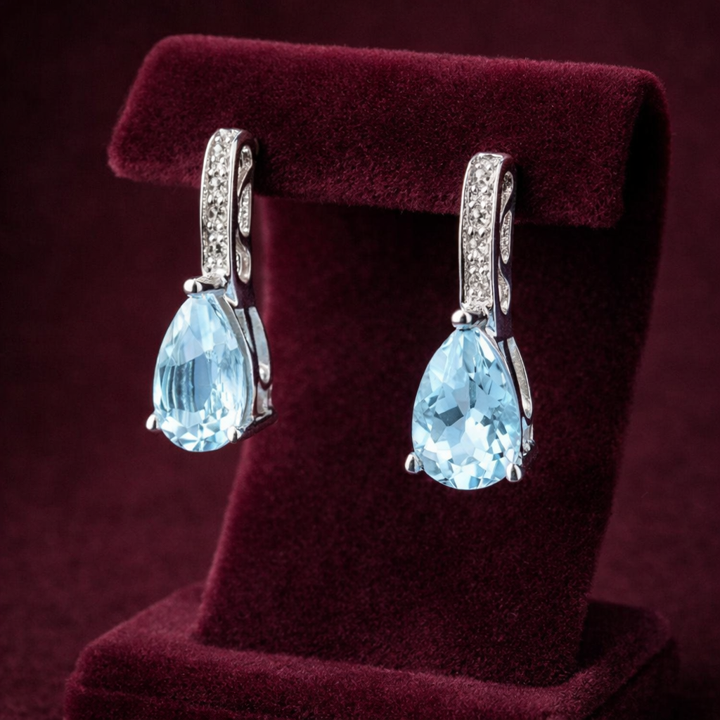 Blue Topaz and Diamond Earrings Solid 9ct White Gold Pear Drops Hallmarked