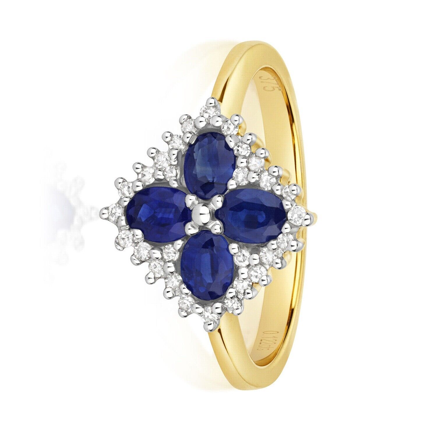 Real Sapphire and Diamond Ring 9ct Yellow Gold Four Oval Cluster Size JKLMNOPQ