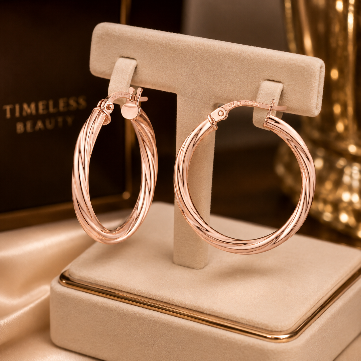 Rose Gold Twisted Hoop Earrings Snap Closure Polished 23mm Hallmarked