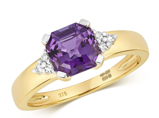 Real Amethyst and Diamond Ring Solid Yellow Gold Asscher Solitaire Size J - Q