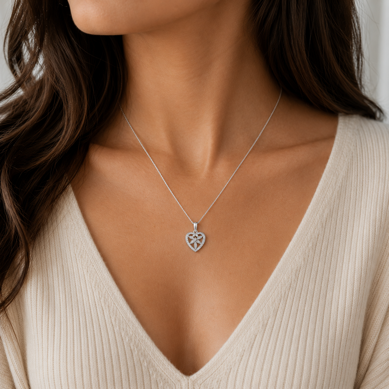 Natural Diamond Heart Pendant 9ct White Gold 18" Chain Hallmark British Made