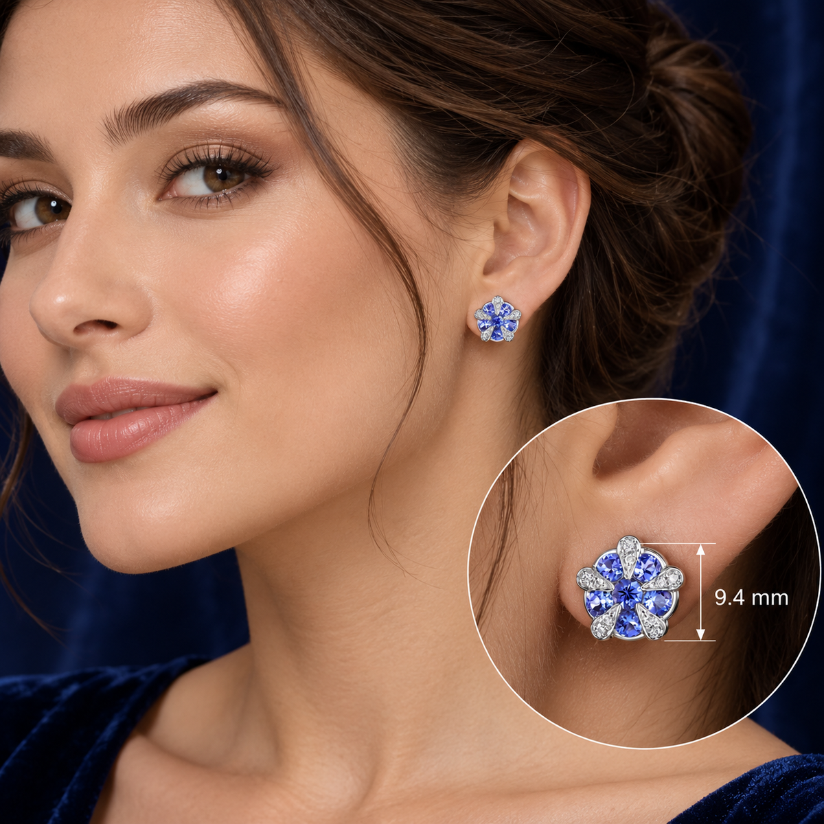 Tanzanite and Diamond Earrings 9ct White Gold Flower Studs Mined Precious Stones