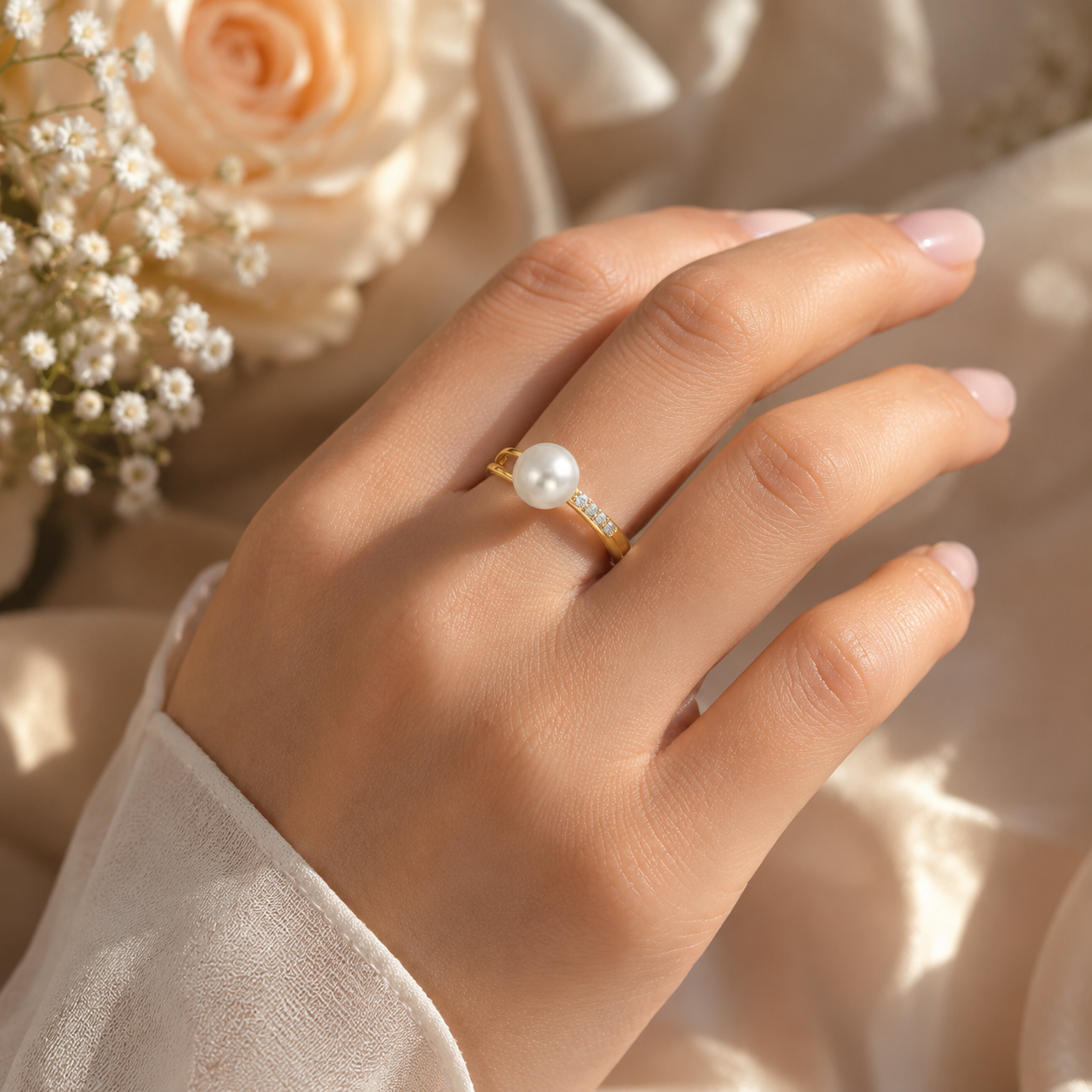 Women's Yellow Gold Freshwater Pearl Ring with Sparkling Diamond Accents