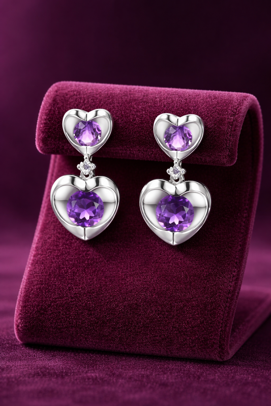 Natural Amethyst and Diamond Earrings Solid 9ct White Gold Heart Drop Hallmarked