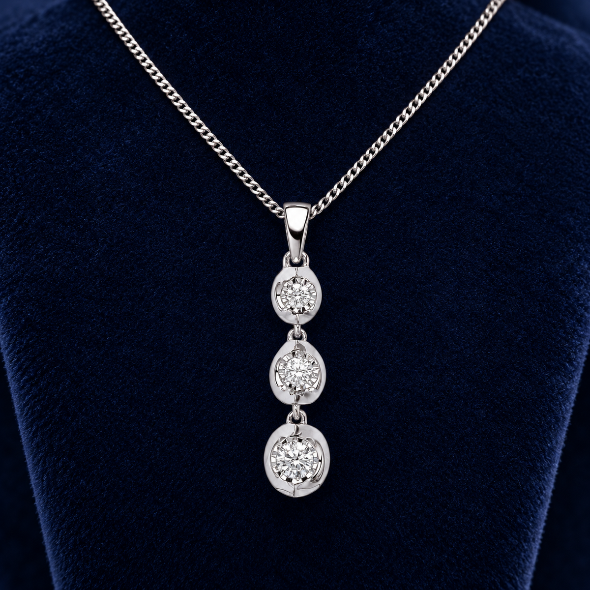Diamond Three Stone Pendant 9ct White Gold Trilogy 18" Chain Genuine Diamonds