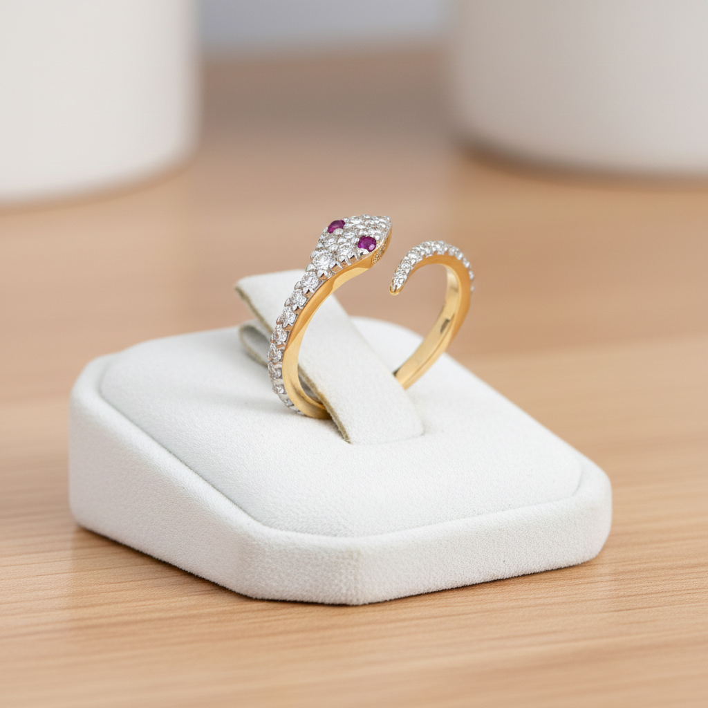 18ct Gold Ruby Snake Ring on Solid Sterling Silver 925 Hallmark Size J - T