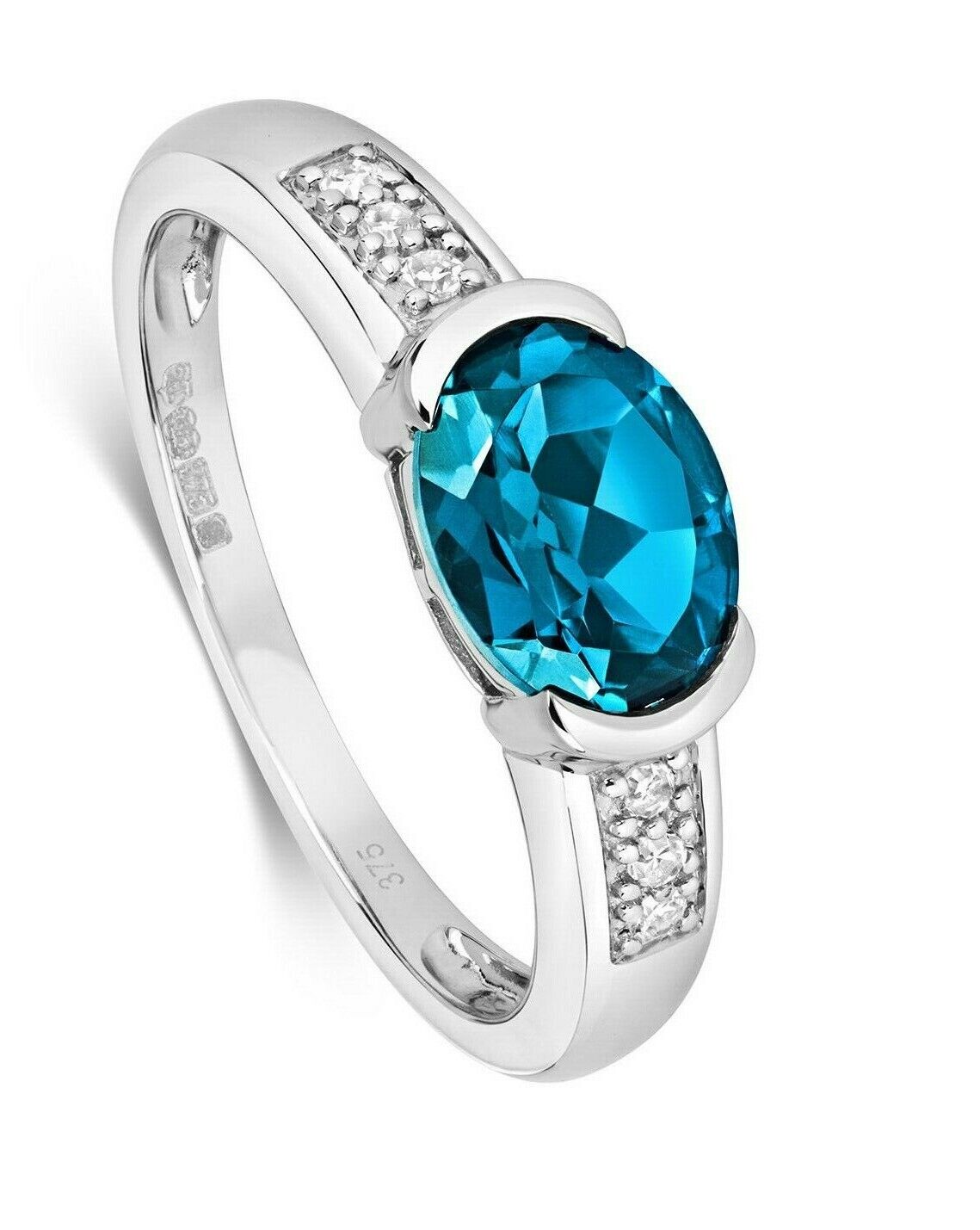 Real London Blue Topaz and Diamond Ring Solid White Gold 8 x 6mm Oval Solitaire
