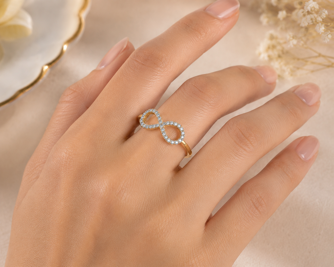 Elegant Infinity Sparkle Ring in 18ct Gold on Solid Sterling Silver