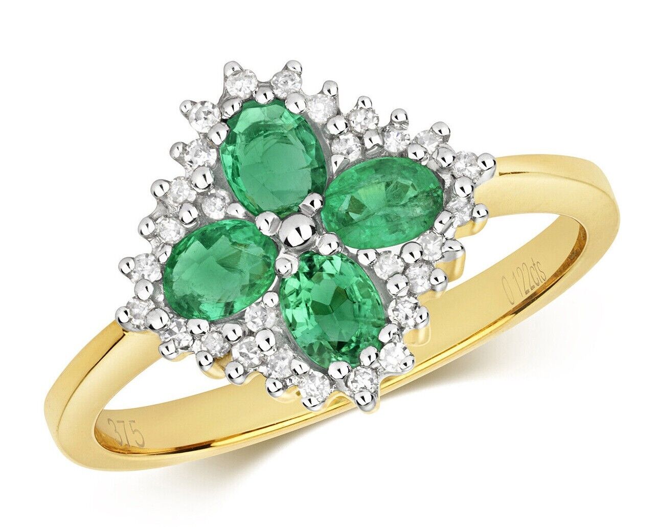 Real Emerald and Diamond Ring Square Cluster Engagement Anniversary