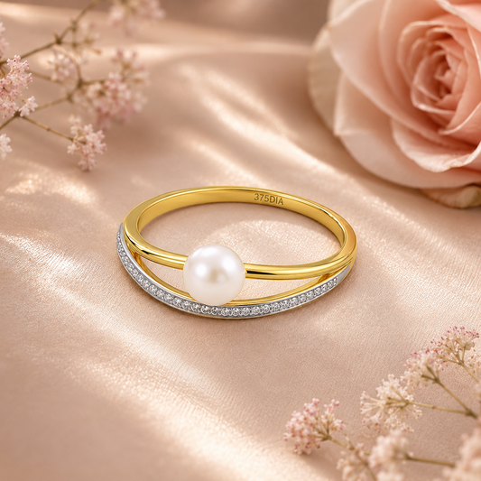 Yellow Gold Freshwater Pearl Ring with Diamond Pavé Crossover Design