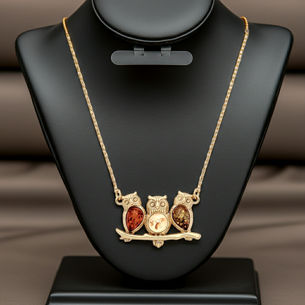 Natural Amber Owl Necklace 18ct Gold on Sterling Silver 925 Hallmark 17" Length