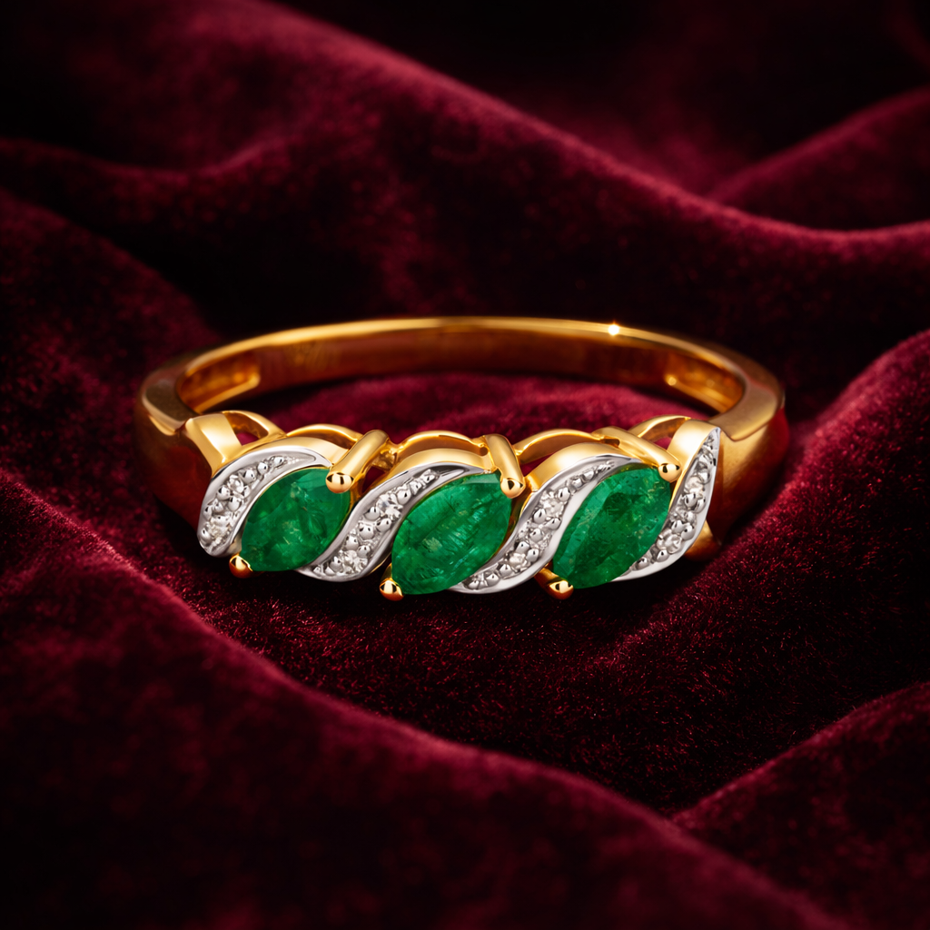 Emerald and Diamond Ring 9ct Yellow Gold Hallmarked Three Stone Marquise Trilogy