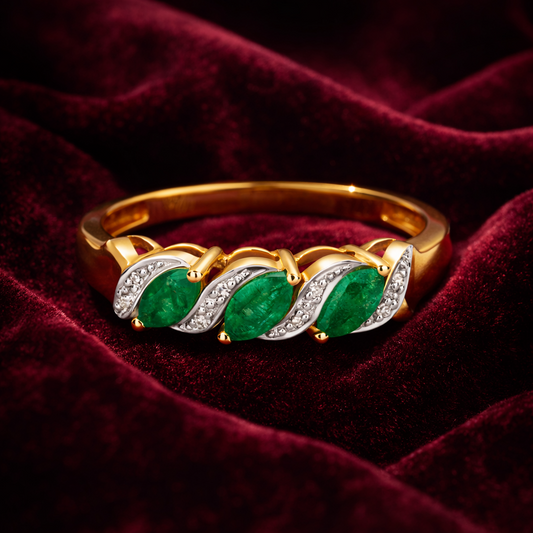 Emerald and Diamond Ring 9ct Yellow Gold Hallmarked Three Stone Marquise Trilogy