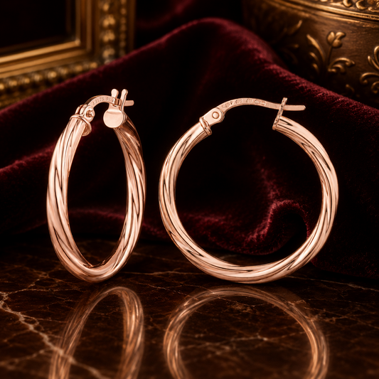 Rose Gold Twisted Hoop Earrings Snap Closure Polished 23mm Hallmarked