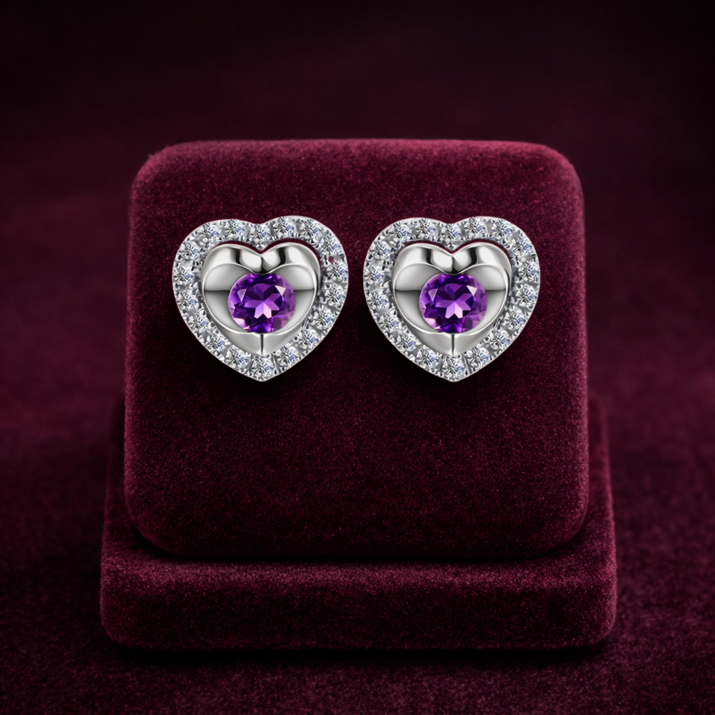 Natural Amethyst and Diamond Heart Earrings Solid 9ct White Gold Hallmarked