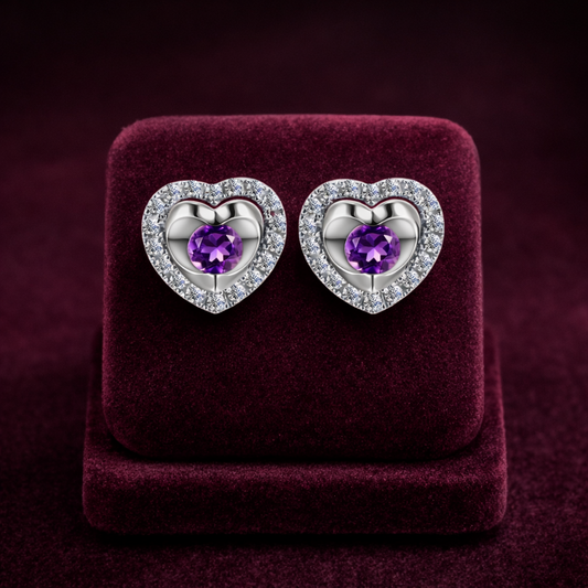 Natural Amethyst and Diamond Heart Earrings Solid 9ct White Gold Hallmarked