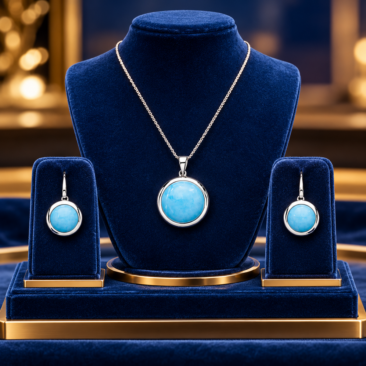 Real Turquoise Pendant and Earrings Matching Set Solid Sterling Silver 925