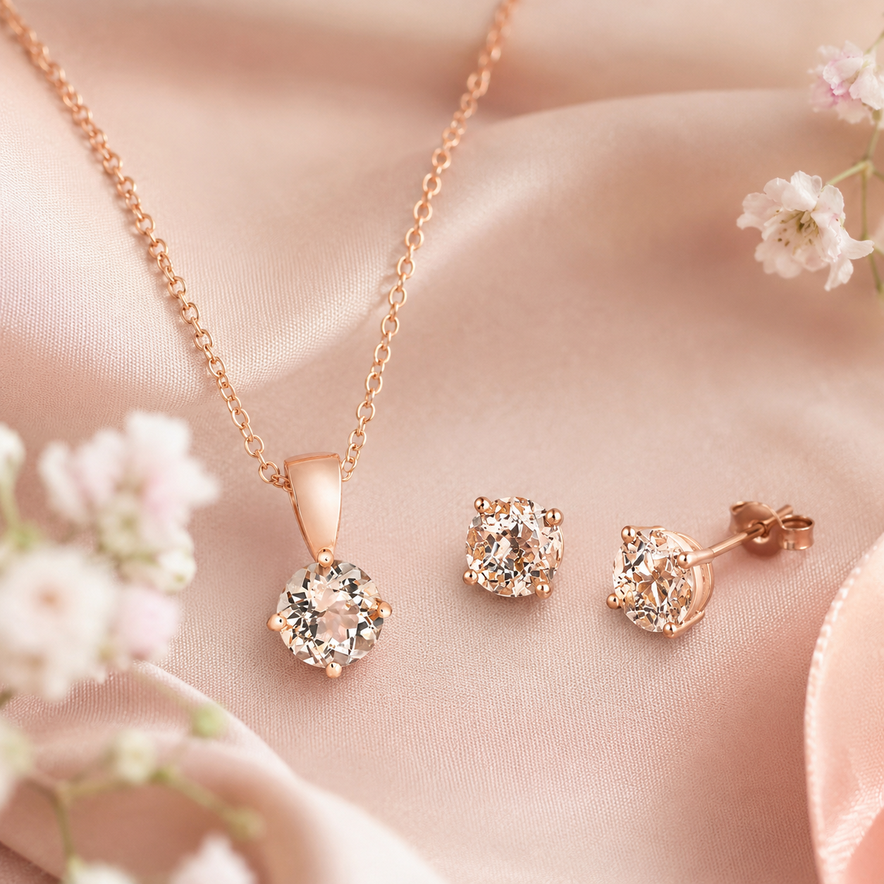 Rose Gold Morganite Jewellery Set Round Solitaire Pendant & Stud Earrings