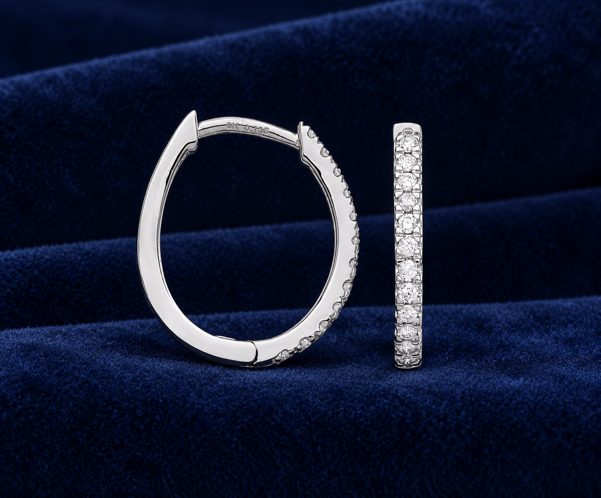 Real Diamond Oval Huggie Hoop Earrings 9ct White Gold 0.25ctw Mined Diamonds