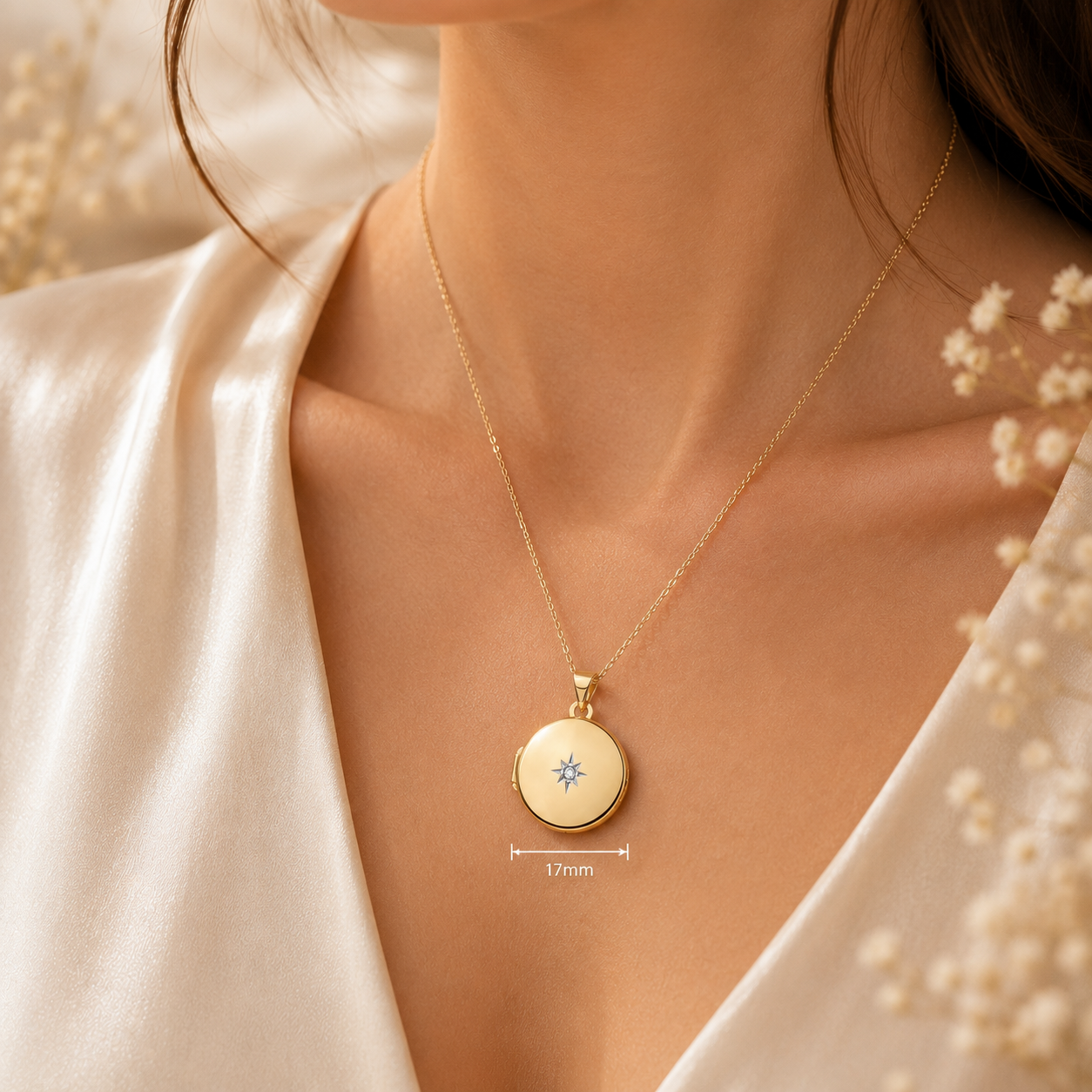 18ct Gold Round Locket Pendant with Natural Diamond Accent on Sterling Silver