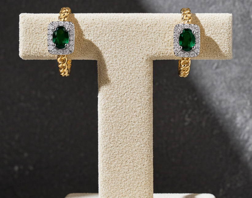 18ct Gold Emerald Hoop Earrings on Solid Sterling Silver 925 Hallmark