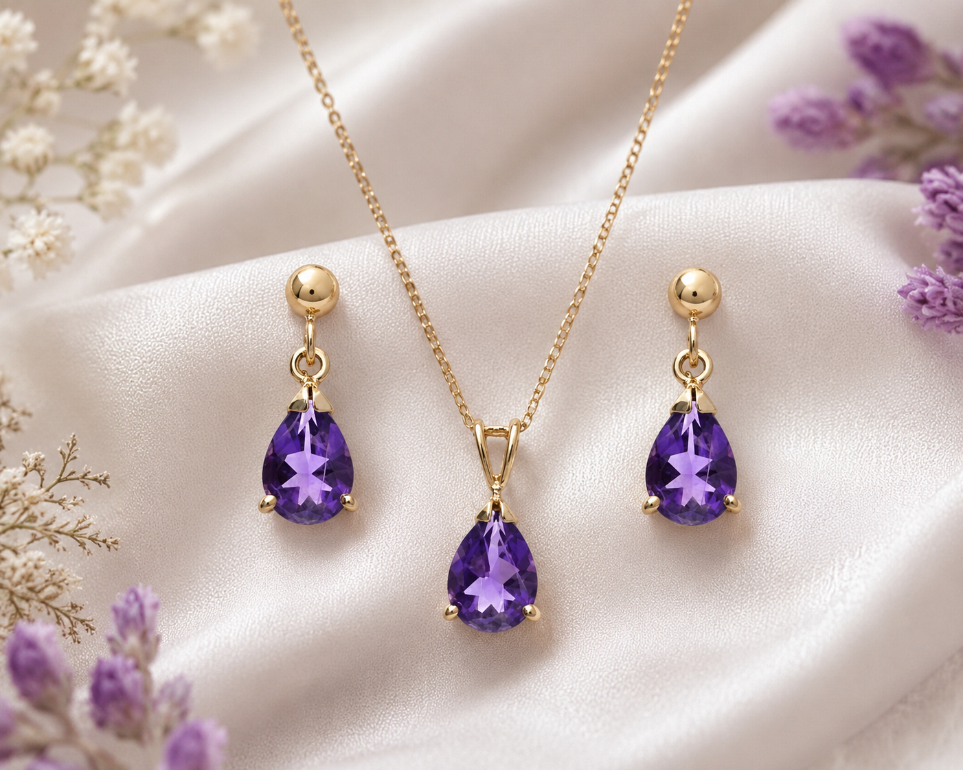 Real Amethyst Teardrop Pendant & Earring Set in Solid Yellow Gold 18" Chain