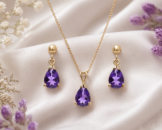 Real Amethyst Teardrop Pendant & Earring Set in Solid Yellow Gold 18" Chain
